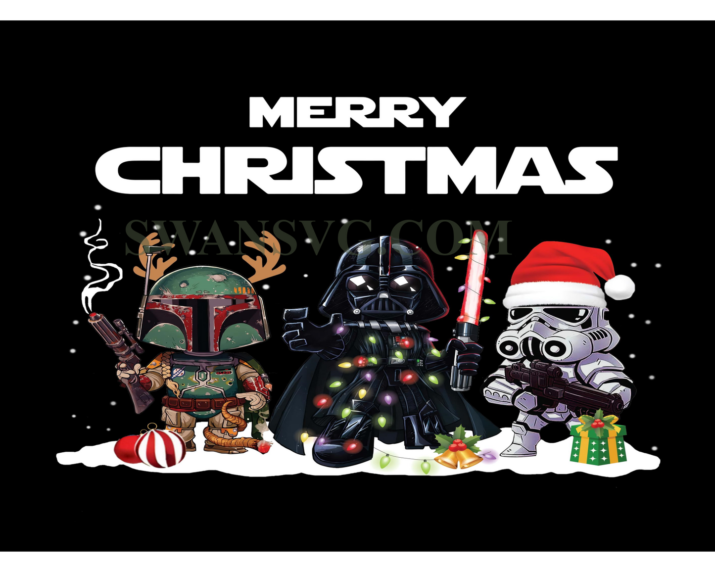 Stars War Merry Christmas PNG Boba Fett Darth Vader Stormtrooper