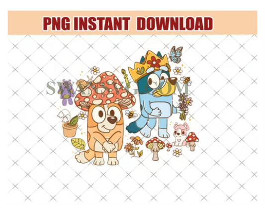 Vintage Bluey Mushroom png, Bluey and Bingo with Crown and Mushroom