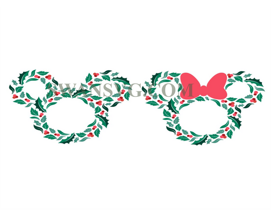 Christmas Holiday Wreath Mickey Minnie Mouse Ears