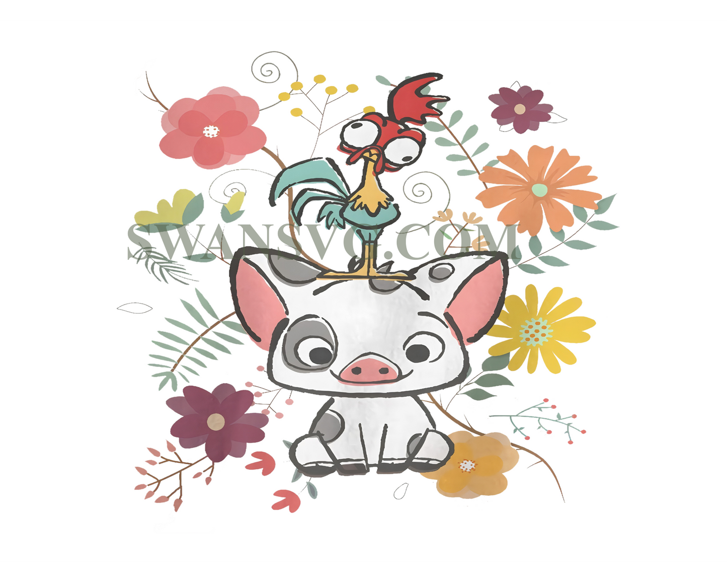 Vintage Disney Moana 70s Style Floral Pua And Hei Hei Png