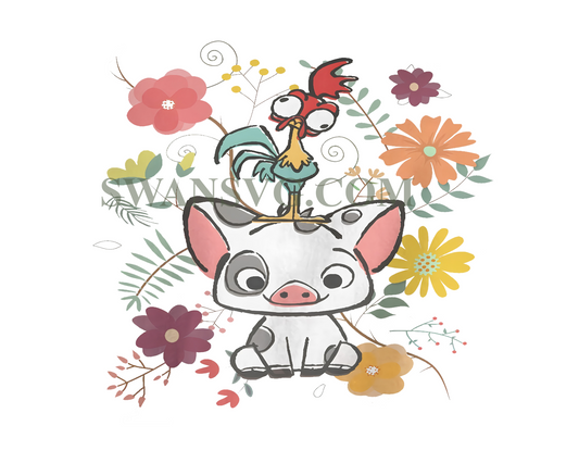 Vintage Disney Moana 70s Style Floral Pua And Hei Hei Png