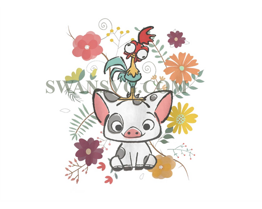 Vintage Disney Moana 70s Style Floral Pua And Hei Hei Png