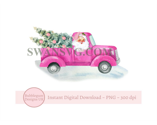 Pink Santa Christmas Tree Truck PNG, Christmas Clip Art, Vintage Santa