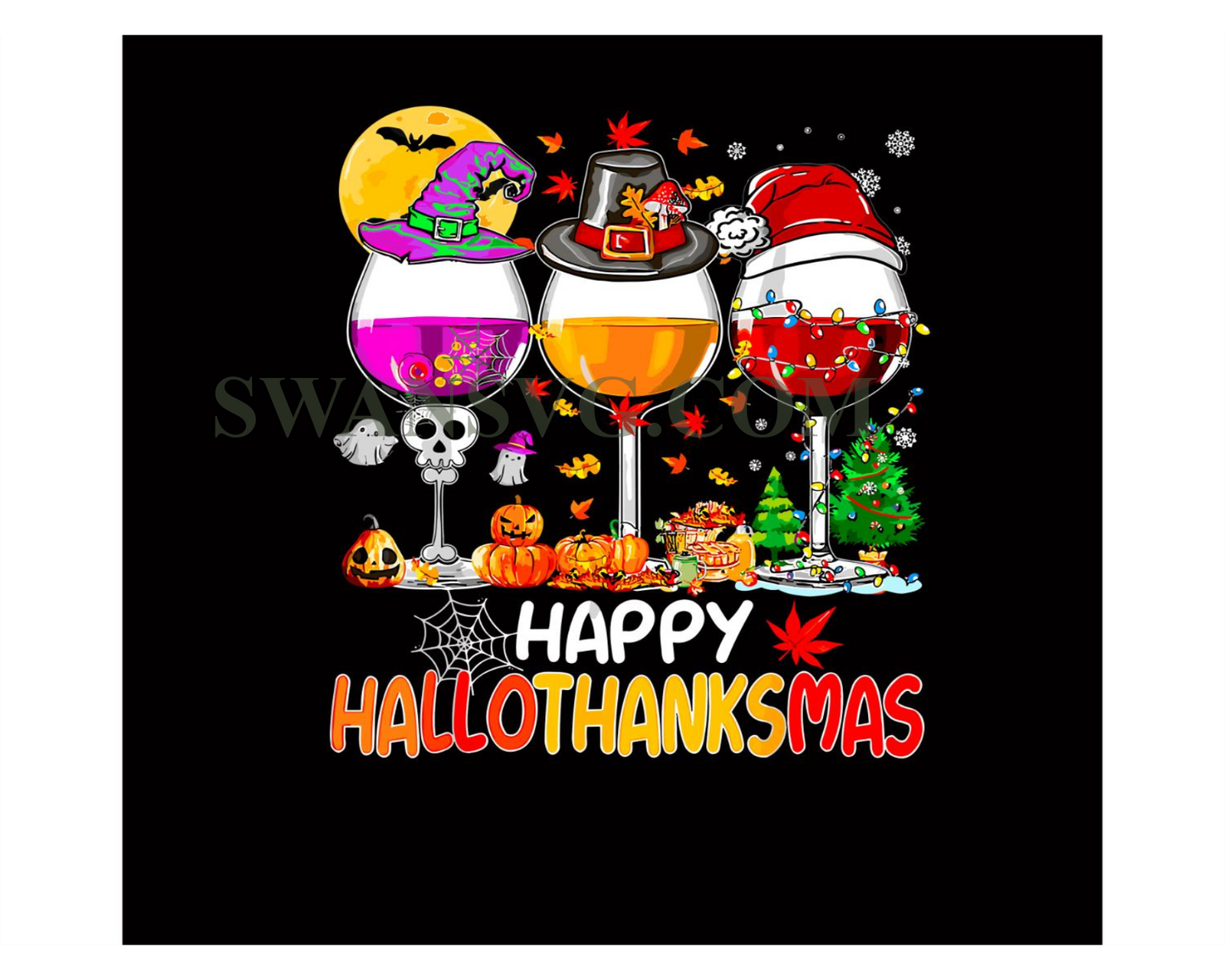 Happy Hallothanksmas Wine Glasses Png, Wine Thanksgiving Png