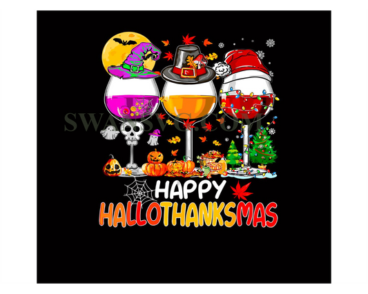 Happy Hallothanksmas Wine Glasses Png, Wine Thanksgiving Png