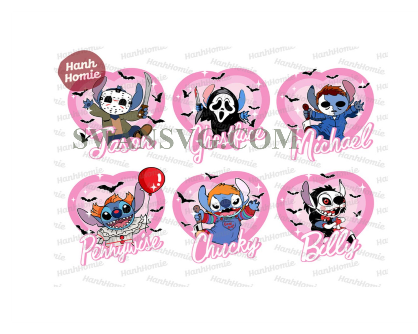 Bundle Horror Characters PNG, Cute Horror Dolls PNG Set, Pink Doll PNG