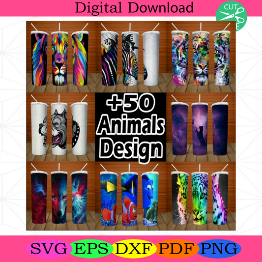 Bundle 30 Design Colorful Animals, 20oz Skinny Tumbler PNG, Full