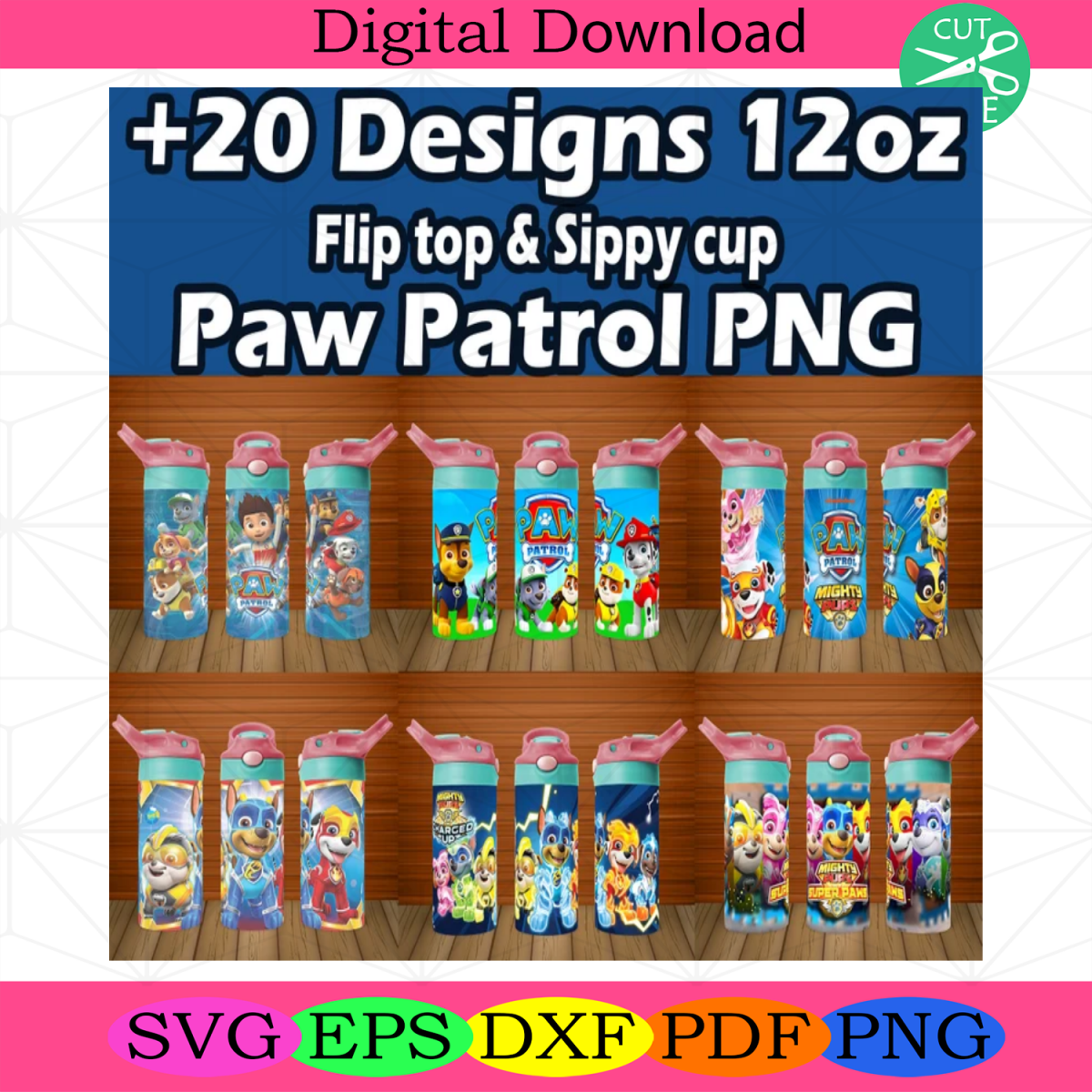 Bundle 20 Cartoon 12oz Design PNG, Sippy Cup And Flip Top Kids