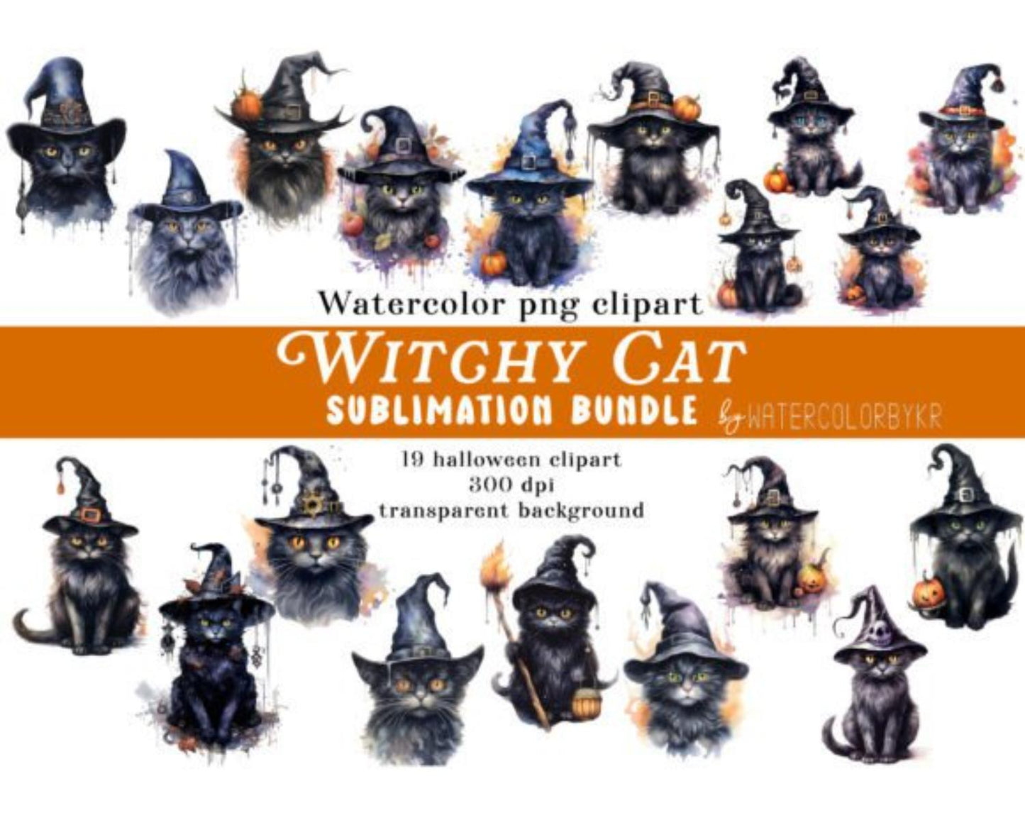 Watercolor Hallowen Witchy Cat Bundle