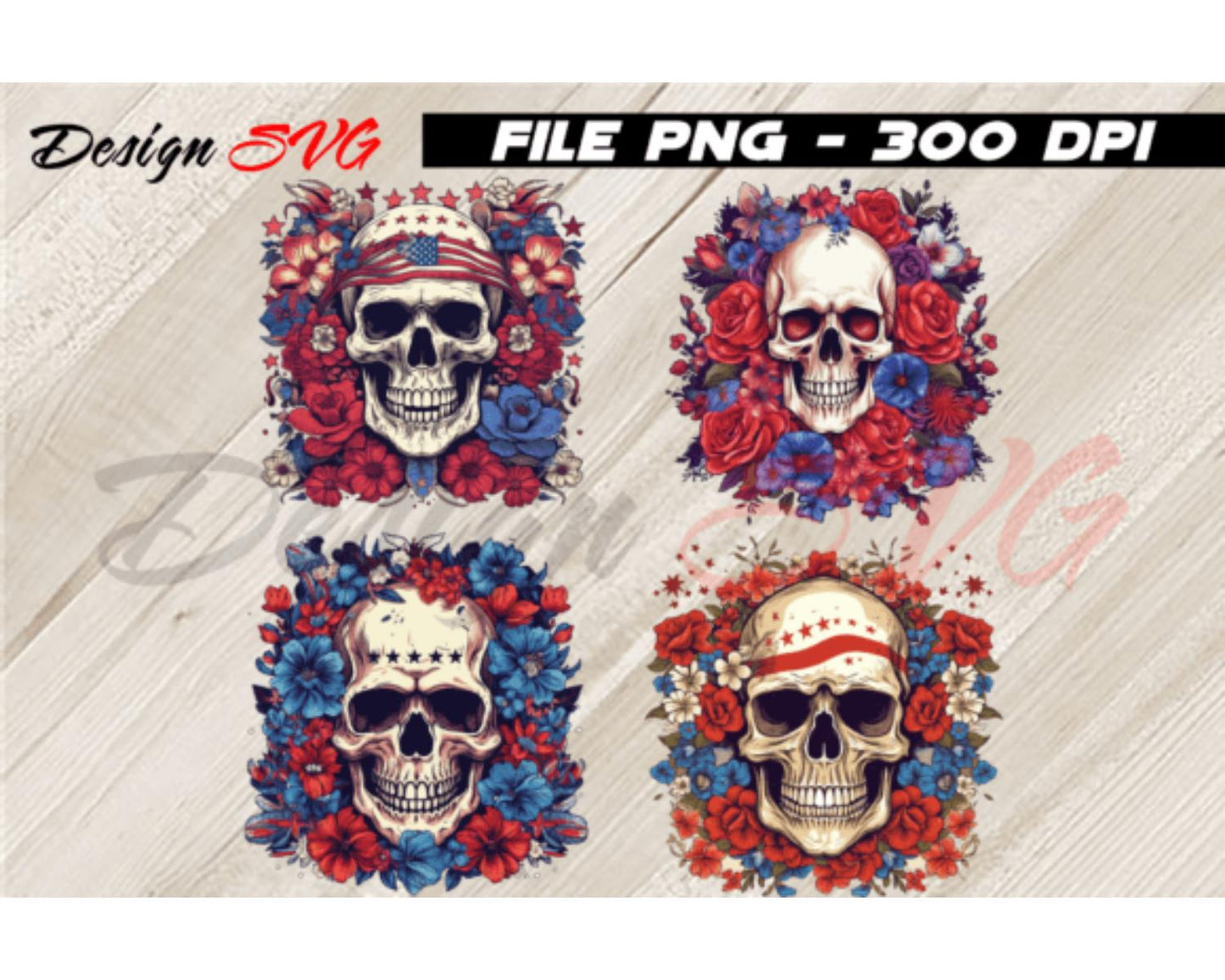 Skull and Flower 4th of July Bundle PNG