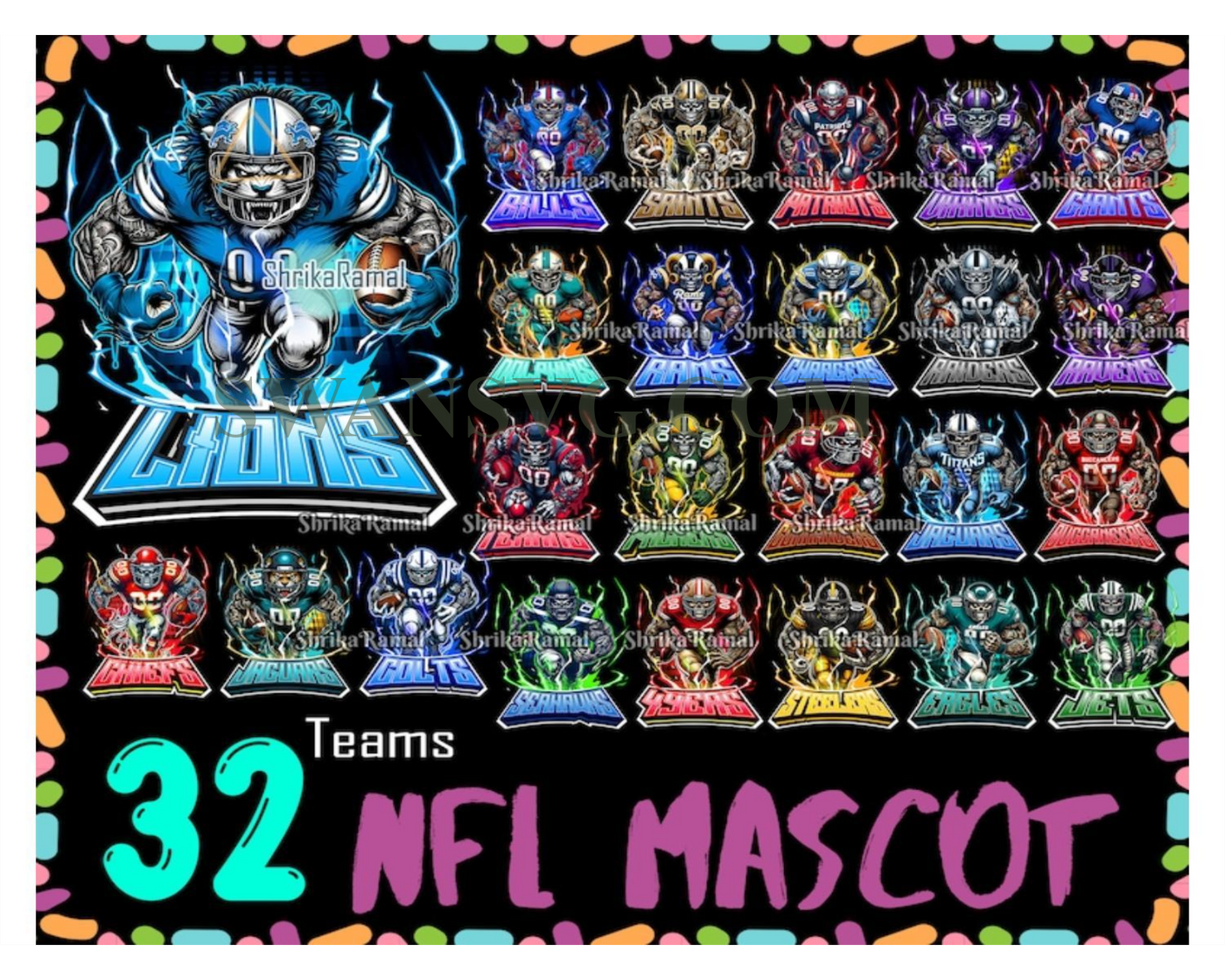 32 Teams American Football PNG Bundle, Football Mascot Clipart
