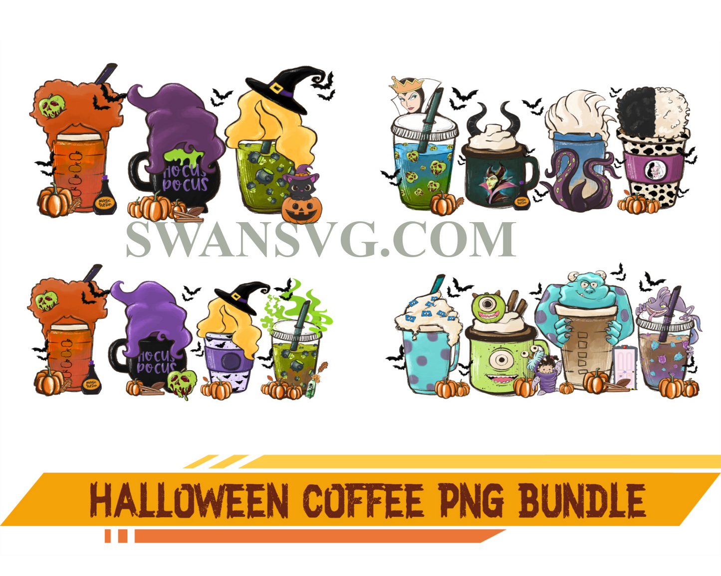 Halloween Coffee Png Bundle, Halloween Boo Coffee Png, Villains Latte