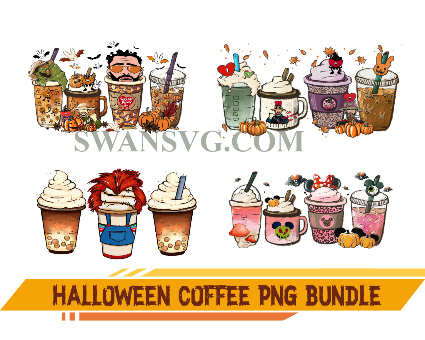 Halloween Coffee Png Bundle, Villains Latte, Fall Latte Png, Disney