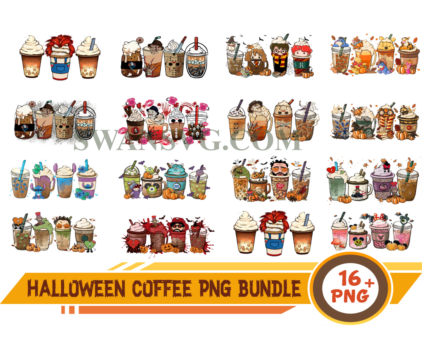 Halloween Coffee Png Bundle, Horror Movie Inspired Coffee, Disney