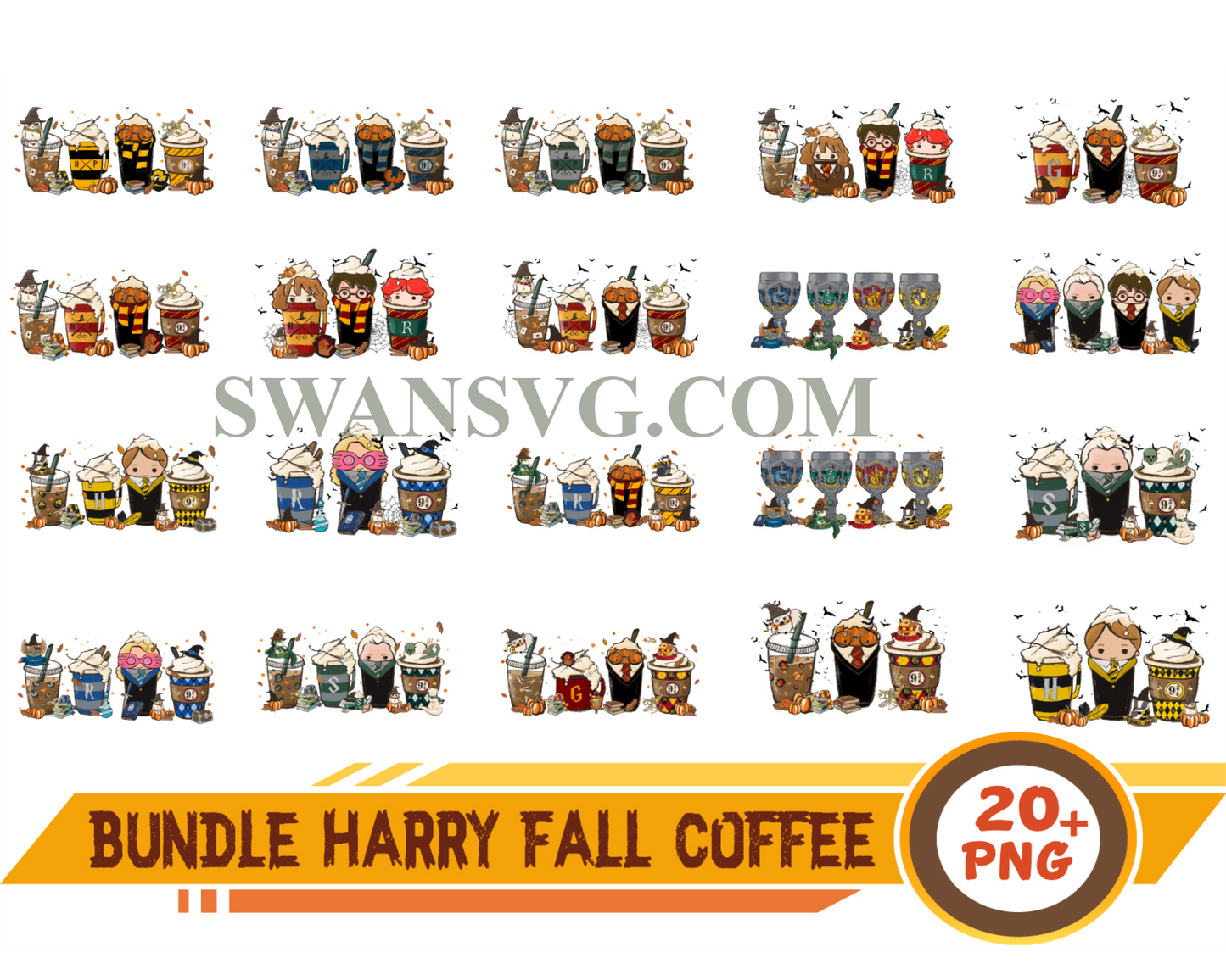 Bundle Harry Fall Coffee PNG, Latte Iced Png, Autumn Orange, Fall