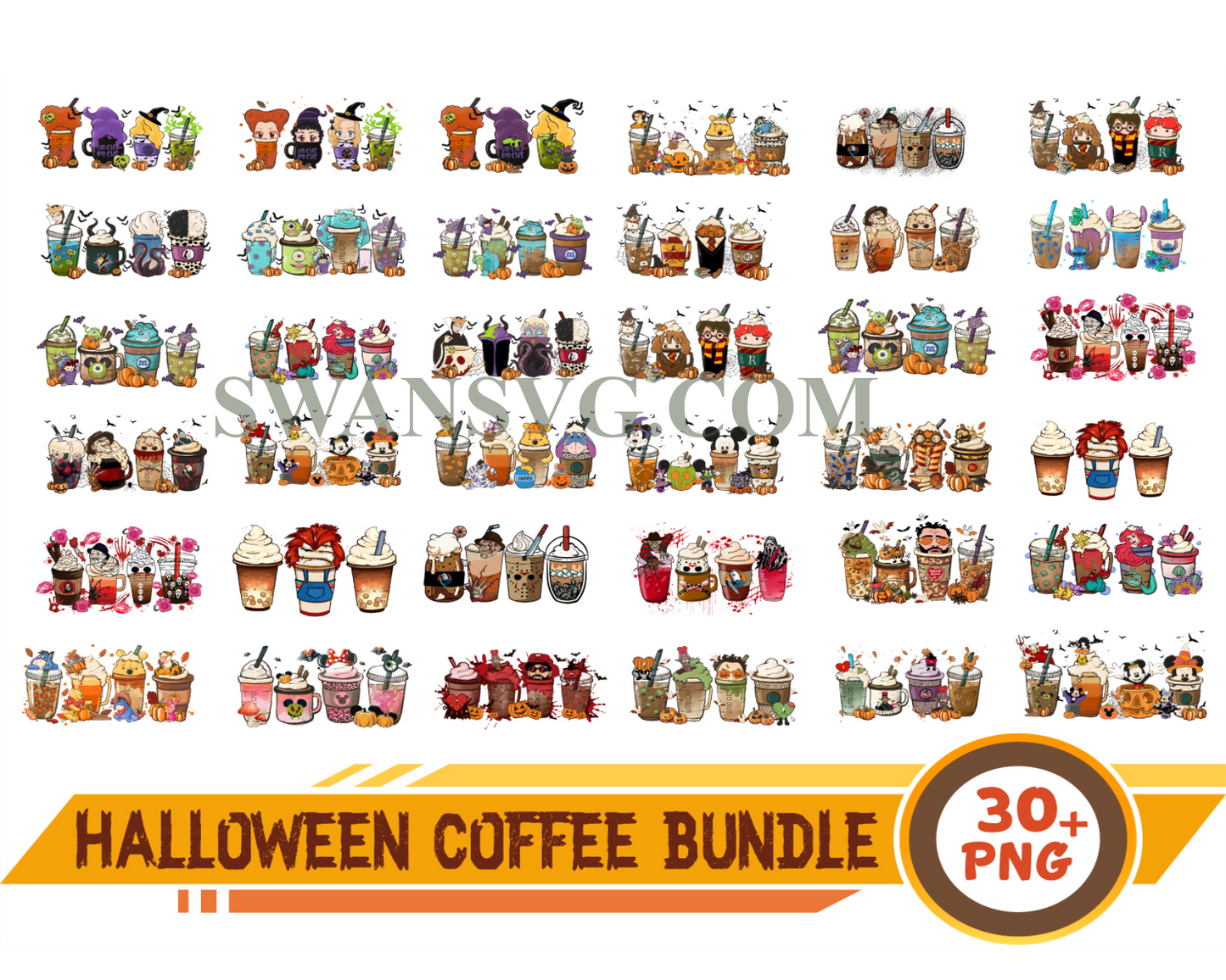 Halloween Coffee Png Bundle, Pumpkin Spice Latte Iced, Villains Latte