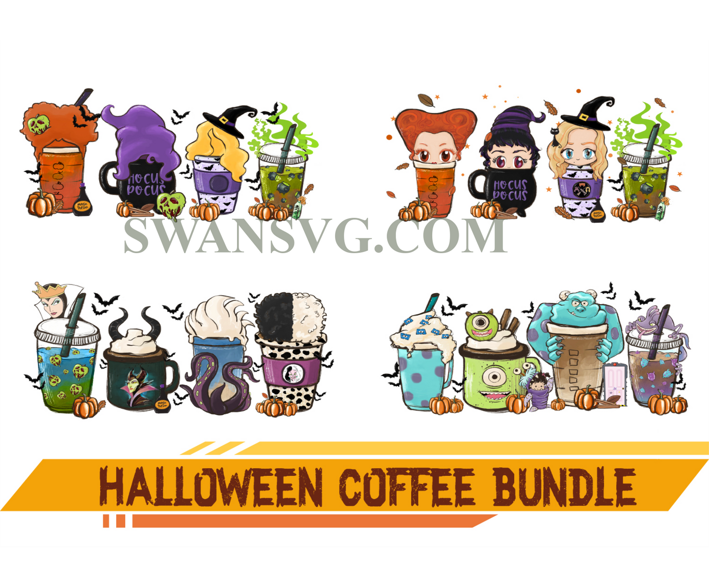 Halloween Coffee Png Bundle, Disney Coffee, Cartoon Png, Hocus Pocus