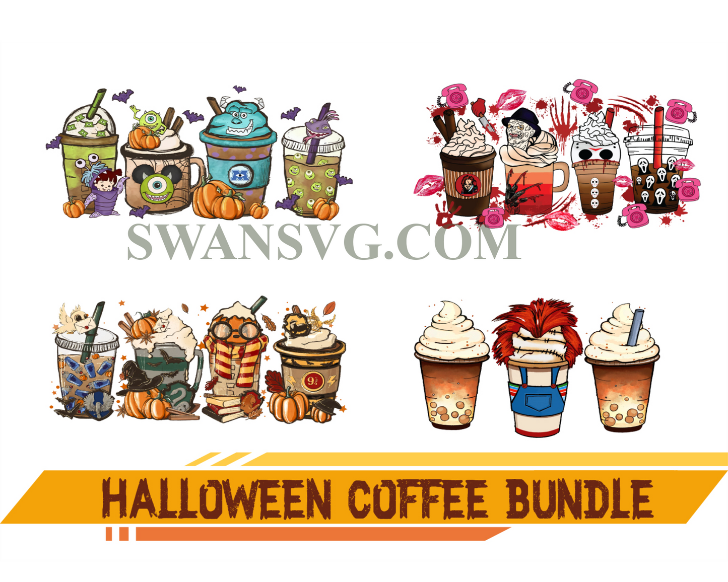 Halloween Coffee Png Bundle, Cartoon Coffee Png, Hocus Pocus