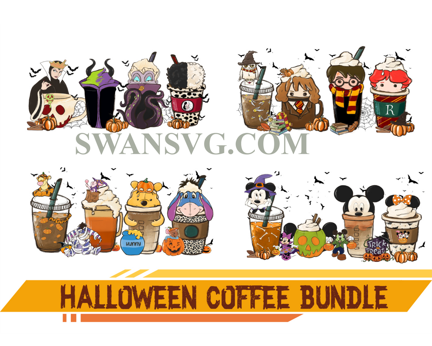 Halloween Coffee Png Bundle, Witch Coffee Png, Horror Characters