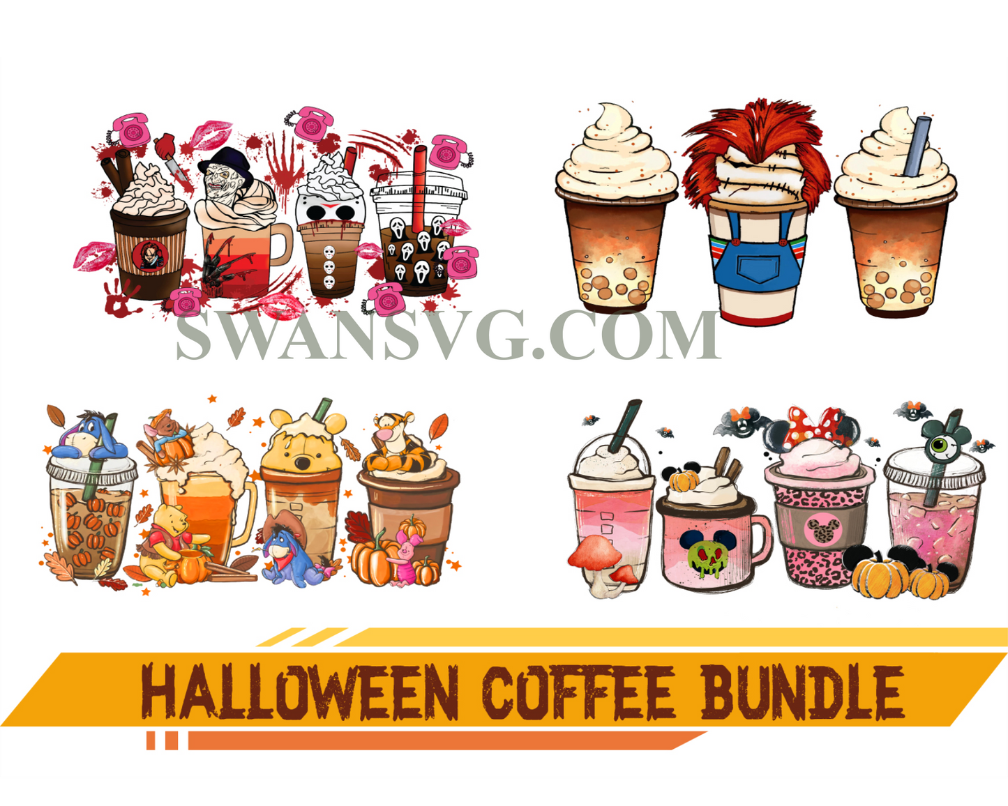 Halloween Coffee Png Bundle, Halloween Boo Png, Coffee Png, Villains