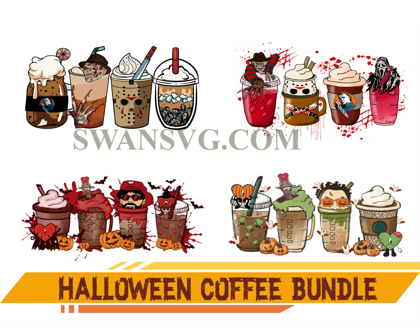 Halloween Coffee Png Bundle, Fall Latte Png, Horror Movie Coffee