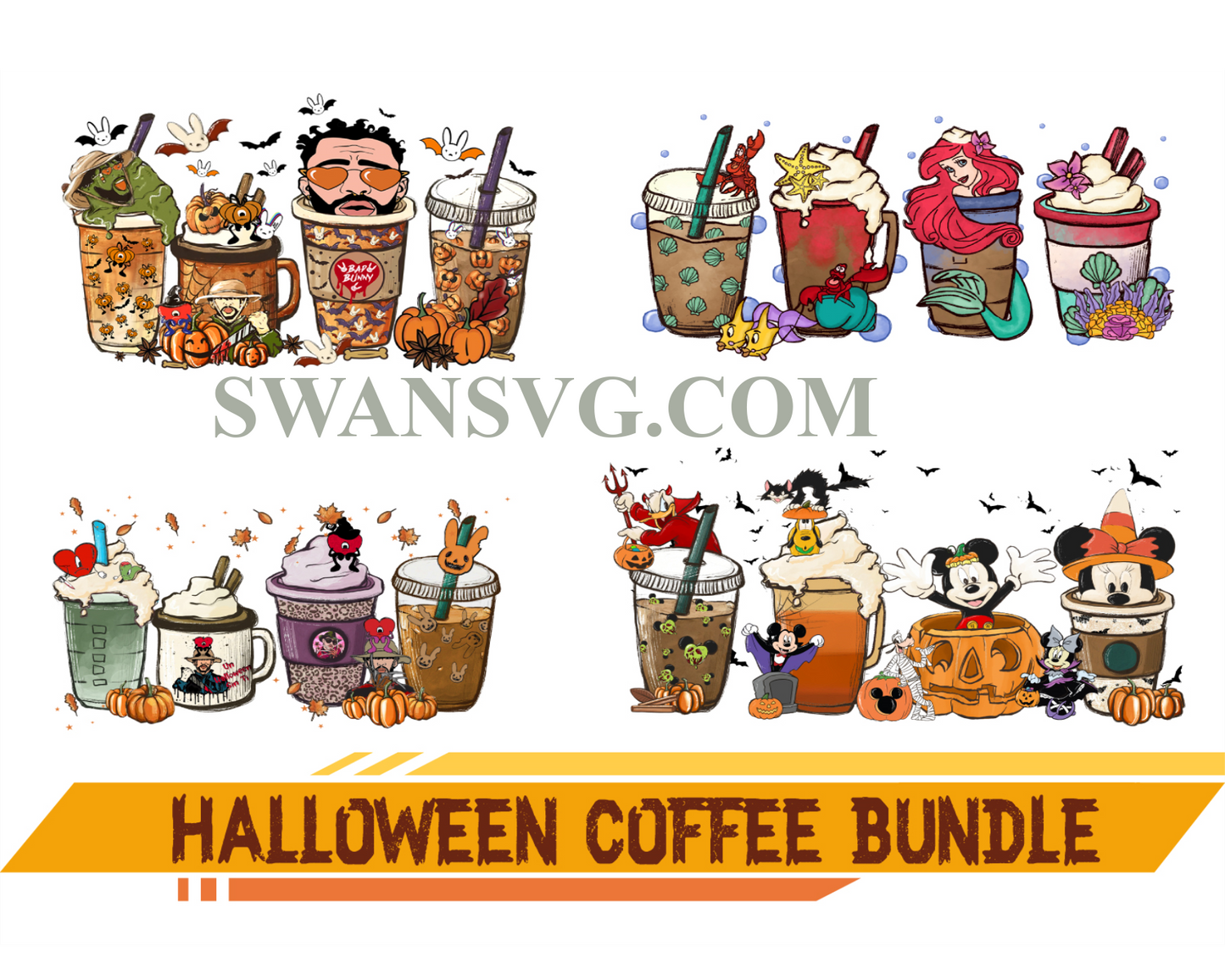 Halloween Coffee Png Bundle, Witch Coffee Png, Disney Coffee, Cartoon