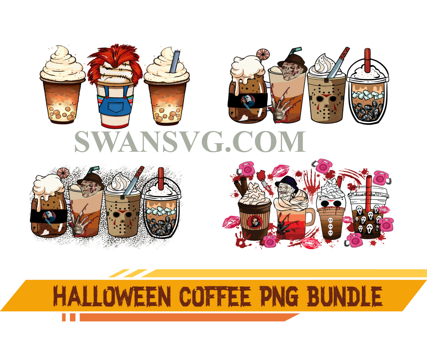 Halloween Coffee Png Bundle, Villains Latte, Fall latte png, Witch