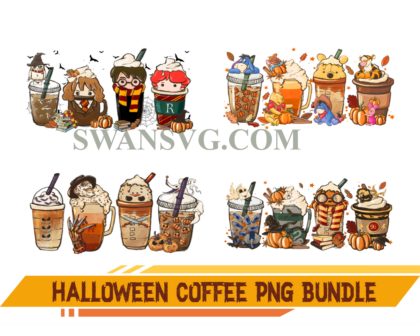 Halloween Coffee Png Bundle, Witch Coffee Png, Horror Characters