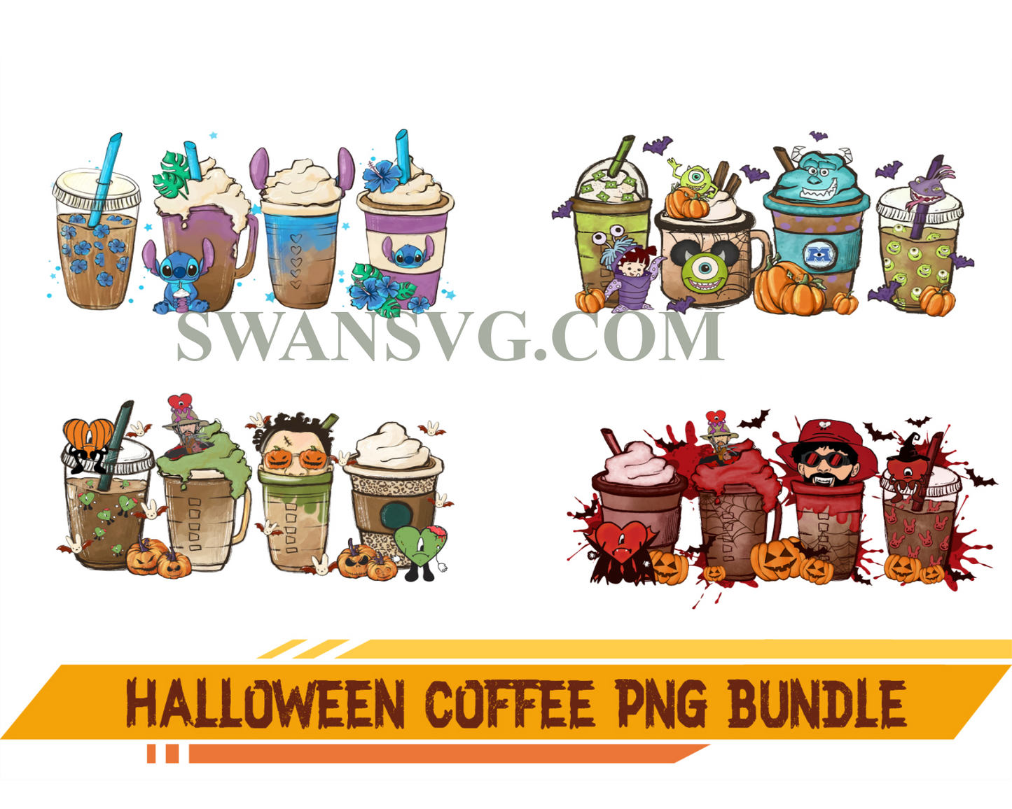 Halloween Coffee Png Bundle, Witch Coffee Png, Horror Characters