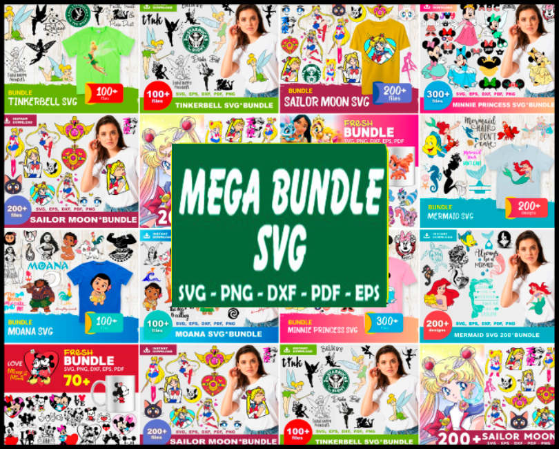 Cartoon Mega Bundle Svg, Disney Svg, Sailor Moon Svg, Tinkerbell Svg