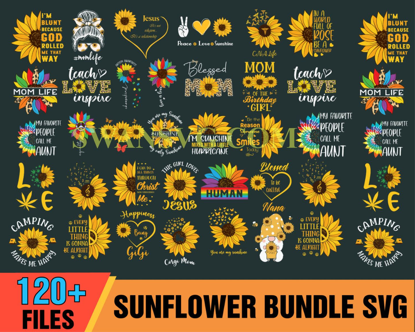 120 Sunflower Bundle SVG, Sunflower Bundle Svg, Sunflower Svg