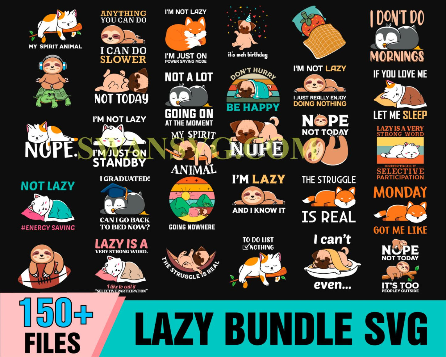 150 Lazy Bundle SVG, Lazy Animal Svg, Lazy Cat Svg, Lazy Sloth