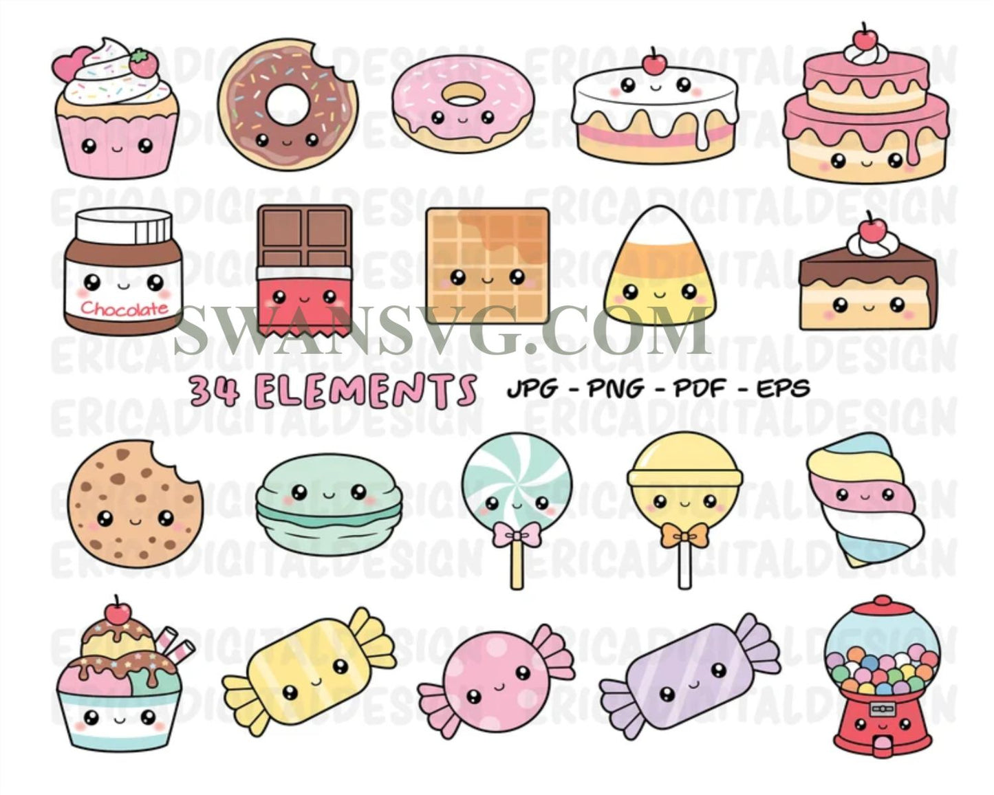 Kawaii Sweets Bundle SVG, Cute Sweet candy, Food Svg, Donut Svg