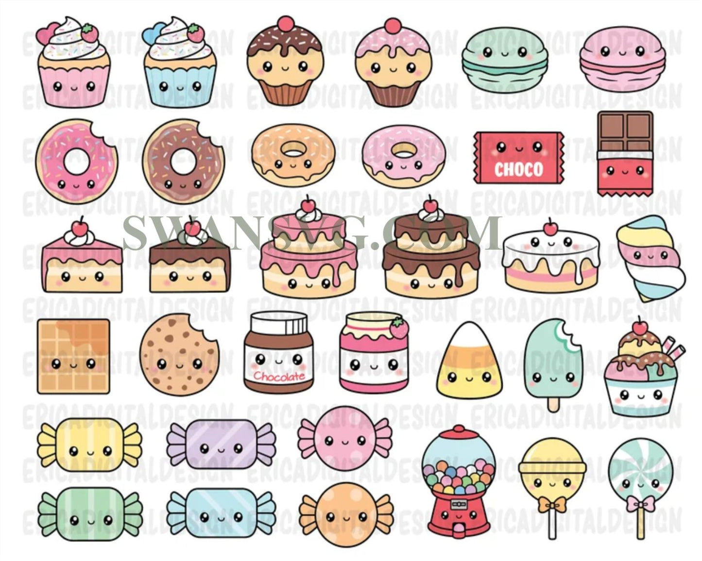 Kawaii Sweets Bundle SVG, Cute Sweet candy, Food Svg, Donut Svg