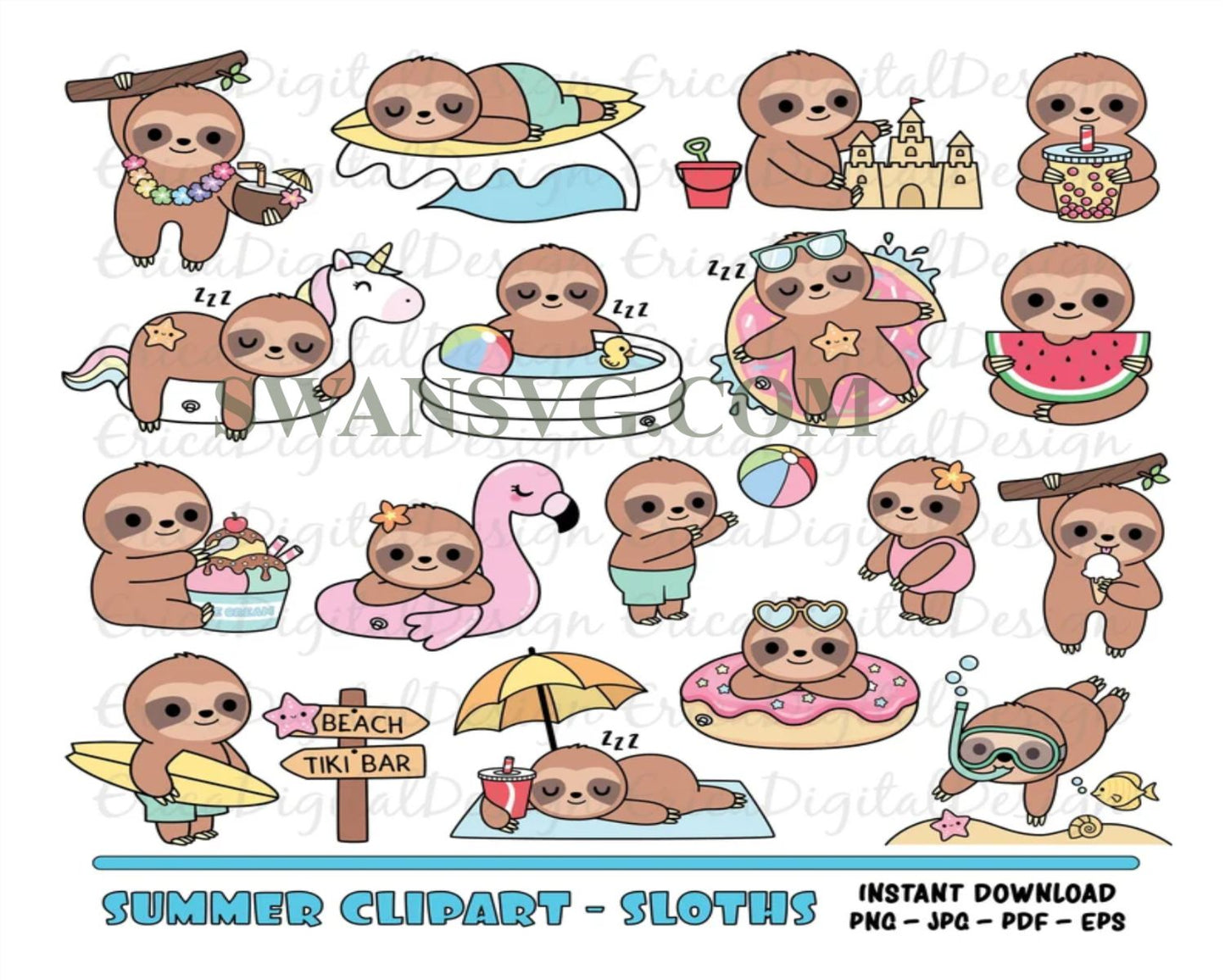 Cute Sloths Kawaii Summer Bundel SVG, Sloth Beach Svg, Pool Party