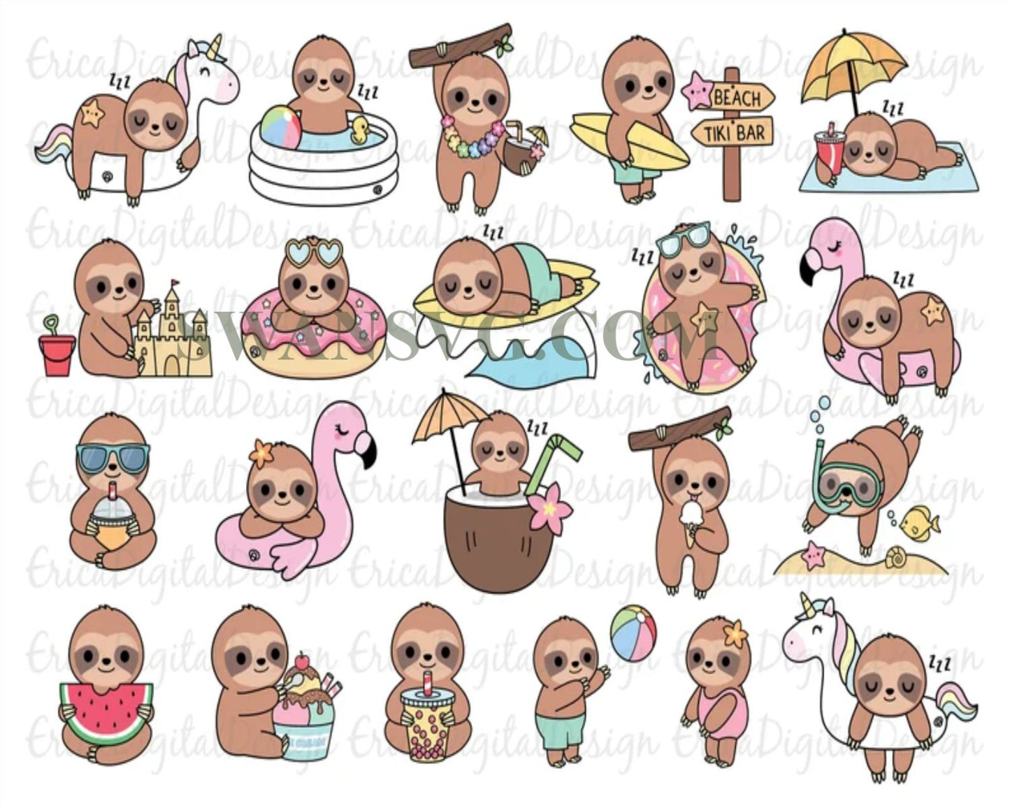 Cute Sloths Kawaii Summer Bundel SVG, Sloth Beach Svg, Pool Party