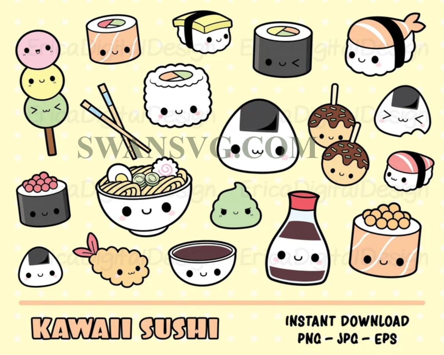 Sushi kawaii Bundle SVG, Cute sushi Svg, Onigiri, Nigiri, Maki, Ramen