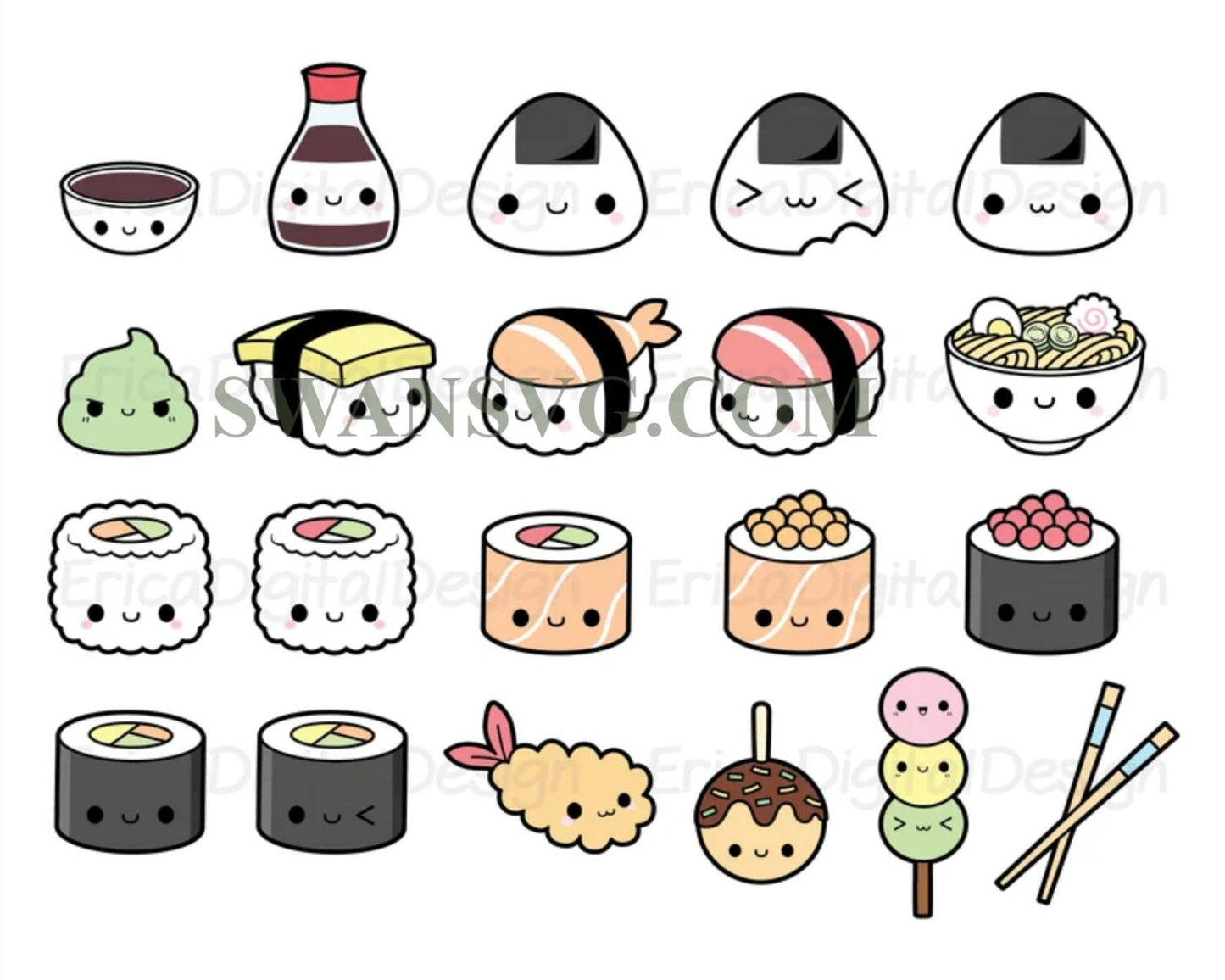 Sushi kawaii Bundle SVG, Cute sushi Svg, Onigiri, Nigiri, Maki, Ramen