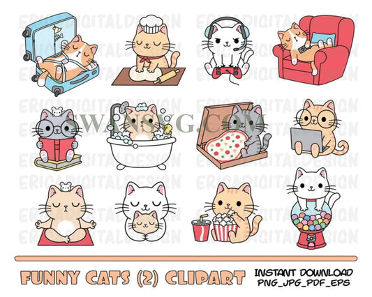 Funny Cats Clipart Bundle, Cute cat Svg, Kawaii kitten Svg, Kitty