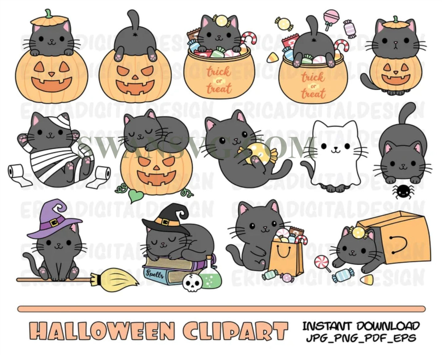 Halloween Cat Bundle SVG, Cute HalloweenSvg, Black Cats Svg, Kawaii