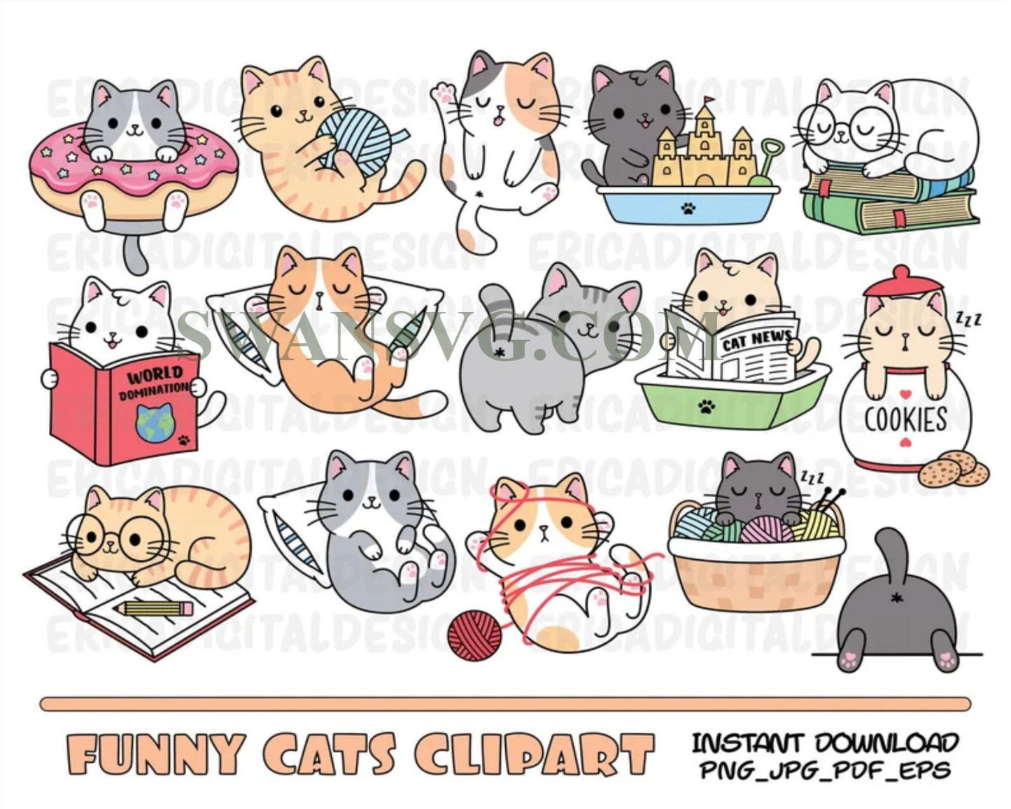 Funny Cats Clipart, Cute cat Svg, Kawaii kittenSvg, Kitty icons Svg