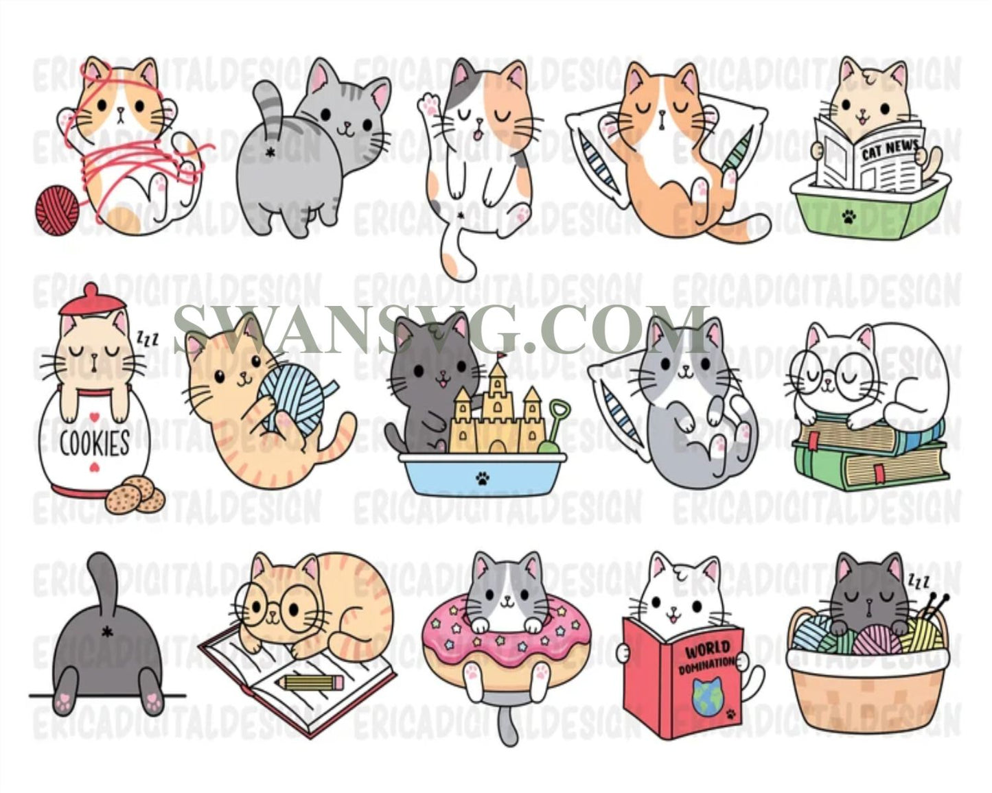 Funny Cats Clipart, Cute cat Svg, Kawaii kittenSvg, Kitty icons Svg