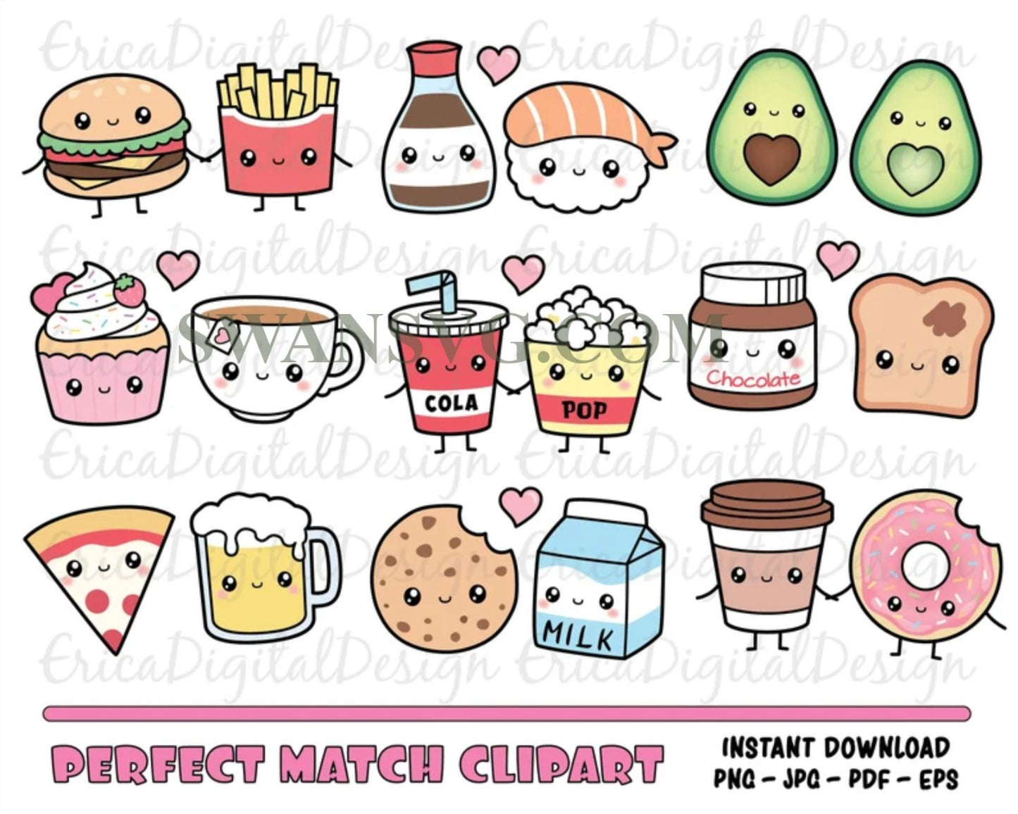 Perfect Match Kawaii Bundle SVG, Cute Food Svg, Friendship Svg