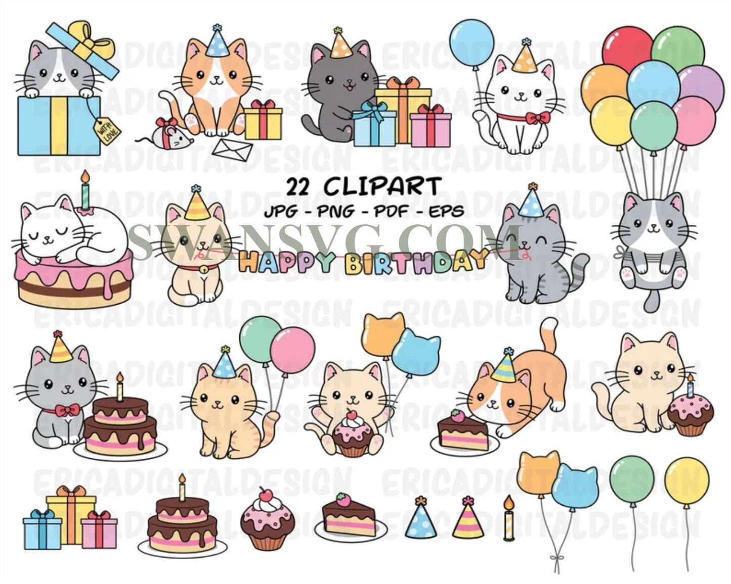 Birthday Cats Bundle Svg, Cute Cat Svg, Cat SVG, Kitten SVG, Cat lady