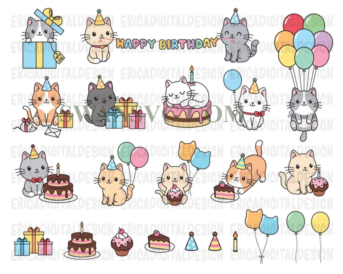 Birthday Cats Bundle Svg, Cute Cat Svg, Cat SVG, Kitten SVG, Cat lady