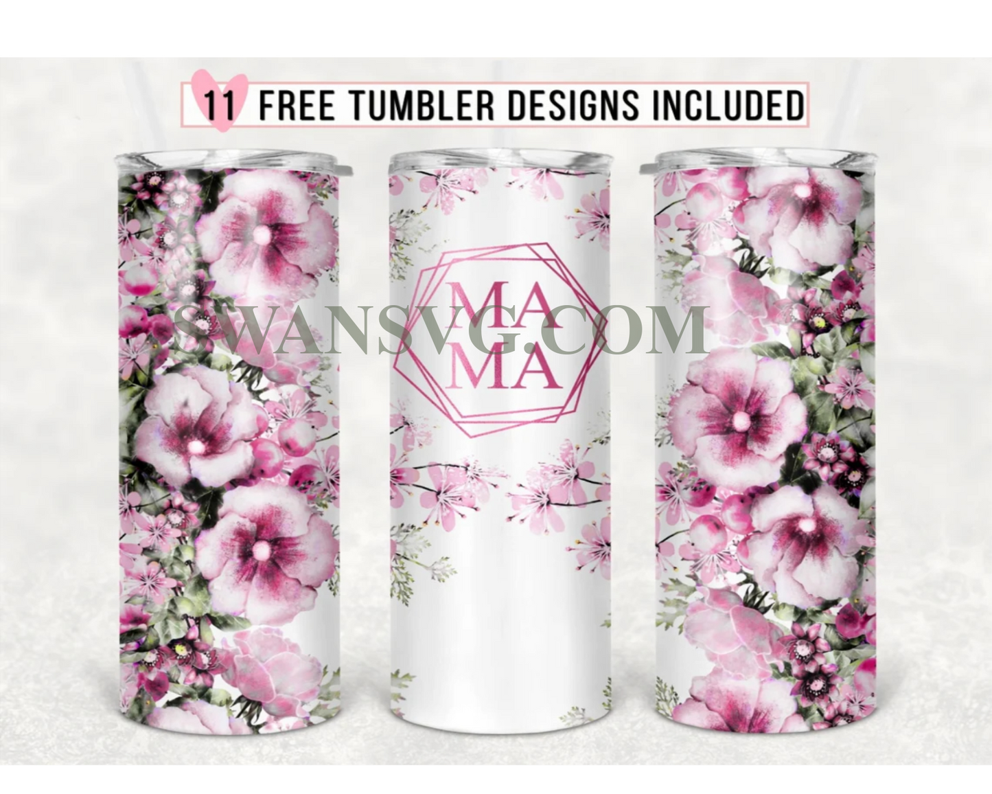 20oz Skinny Tumbler, Mama Tumbler PNG, Seamless Floral Tumbler