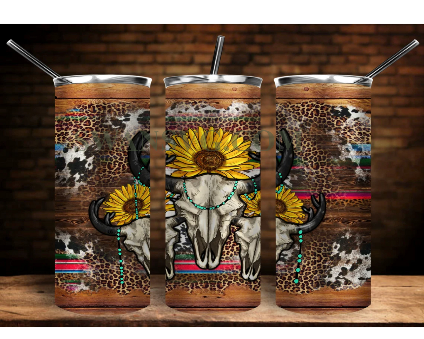 Bull Skull And Sunflowers Tumbler Sublimation,20 oz. Skinny Tumbler