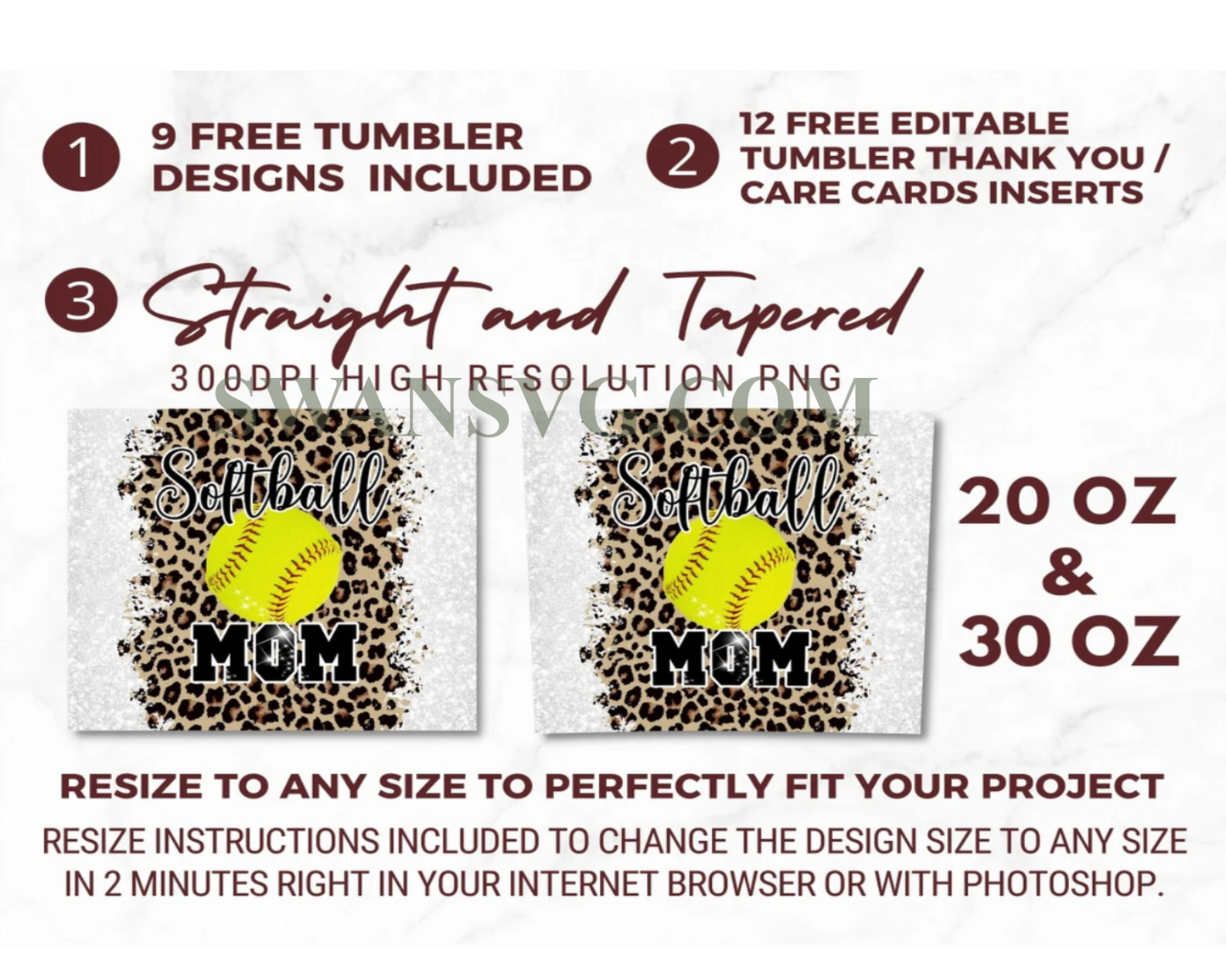 20oz Skinny Tumbler Leopard Softball Mom PNG, Tumbler Design PNG