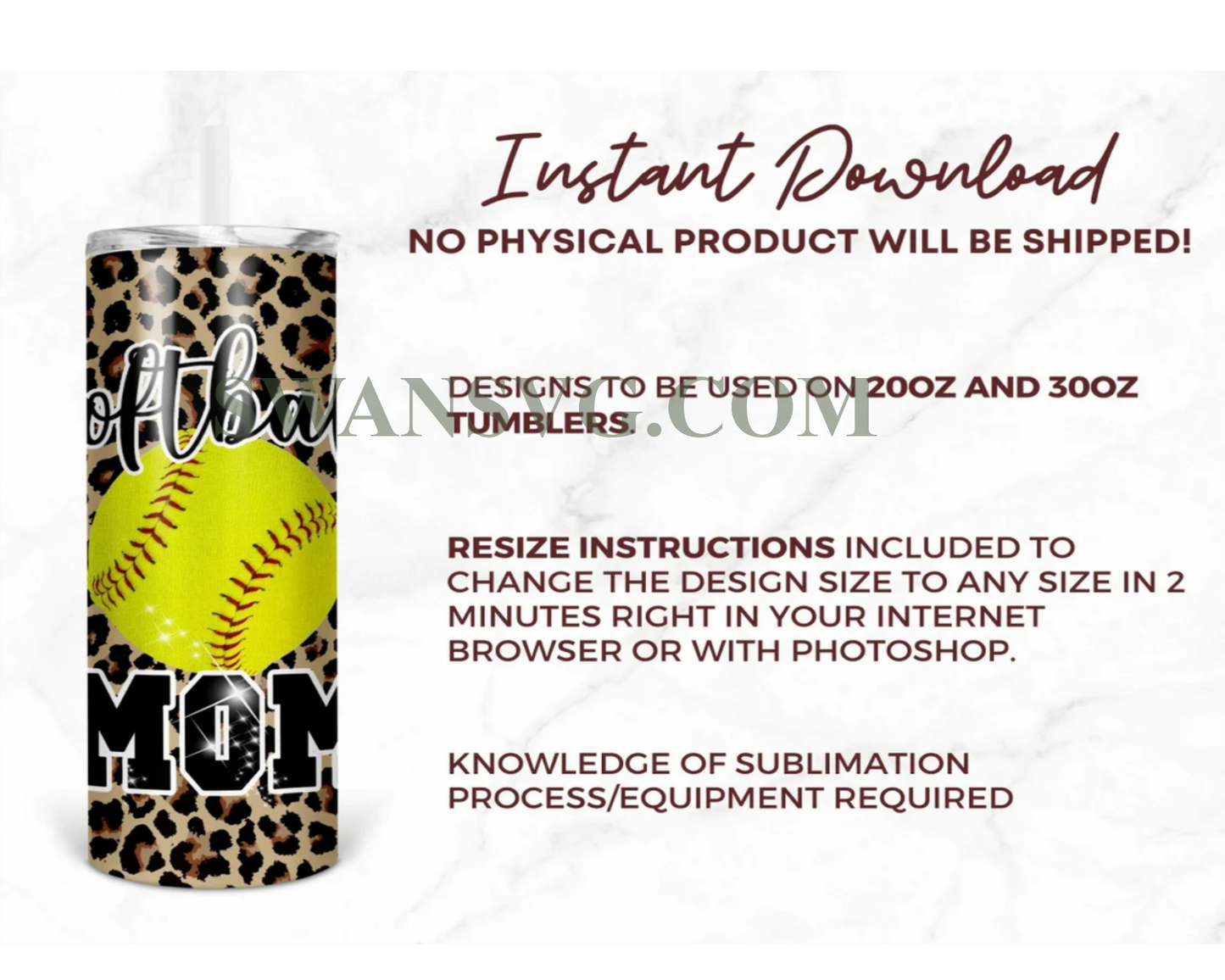 20oz Skinny Tumbler Leopard Softball Mom PNG, Tumbler Design PNG